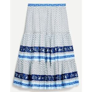 J Crew Tiered Cotton Skirt in Blue Ribbon Midi Floral Stripe Small S